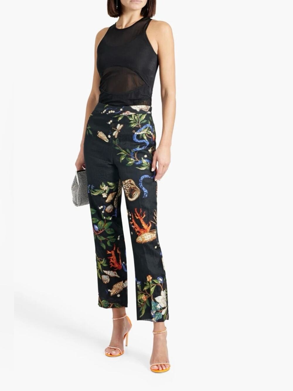 Oscar de la Renta Pietra Dura Fil Coupé Pants Silk Blend Coral Shell Print Sz 6